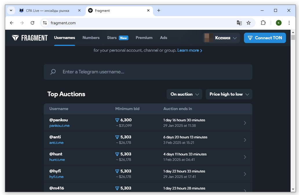 Список доступных для покупки юзернеймов с минимальными для участия в аукционе ценами | CPA Live
