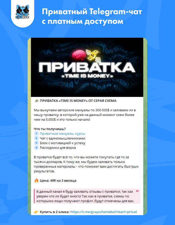 Предложение купить приватный доступ в платный телеграм-чат TIME IS MONEY | CPA Live